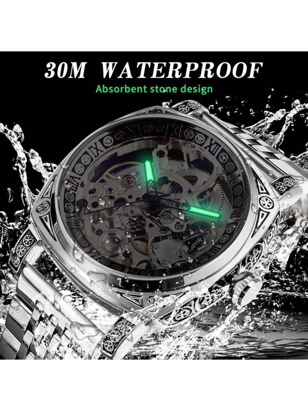 Men's Silver Square Mechanical Stainless Steel Self-Wind Carved Automatic Watch - Picture 7 of 7